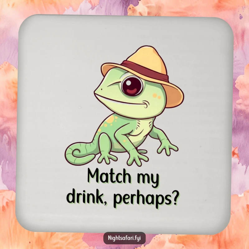 Funny Chameleon Coaster Set: Cheerful chameleon in a safari hat, changing colors, protecting furniture with colorful humor.