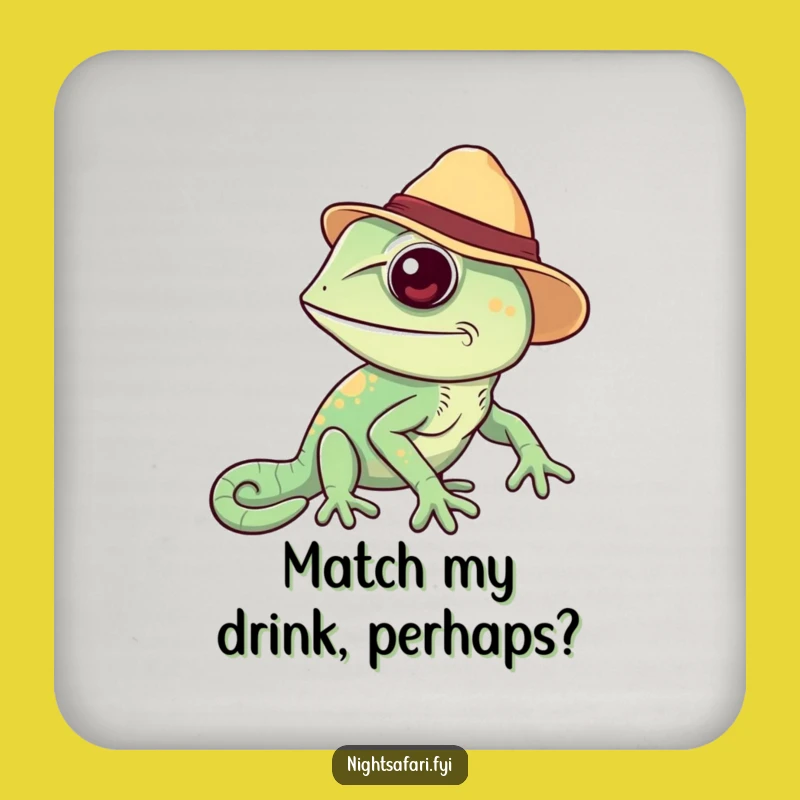 Funny Chameleon Safari Hat Coaster Set Protect Surfaces With Colorful Humor