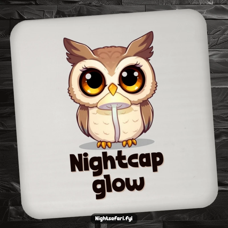 Funny curious owl with big eyes, lit by a glowing mushroom, a set of magical drink coasters.