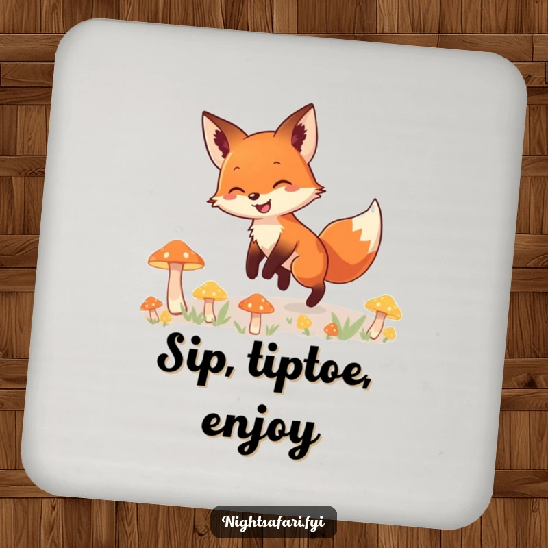 Funny coasters showcasing a happy fox with a bright smile, tiptoeing amidst luminous, glowing mushrooms, protecting surfaces with magic.