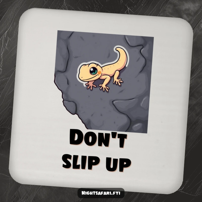 Funny Gecko Coasters: A determined gecko humorously scales a surface, offering quirky protection.