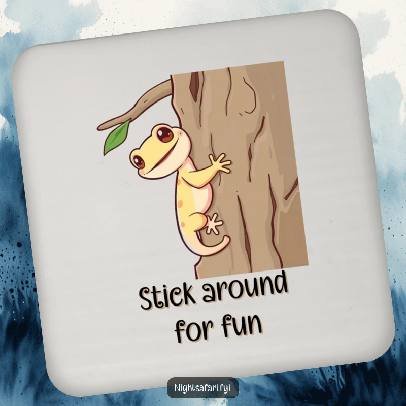 Funny Gecko Coaster Set: A giggling gecko with a long tail scurrying up bark, protecting furniture with playful humor.