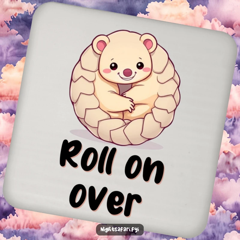 Funny Pangolin Coaster featuring a smiling pangolin curled into a playful ball, providing surface protection with a humorous touch.