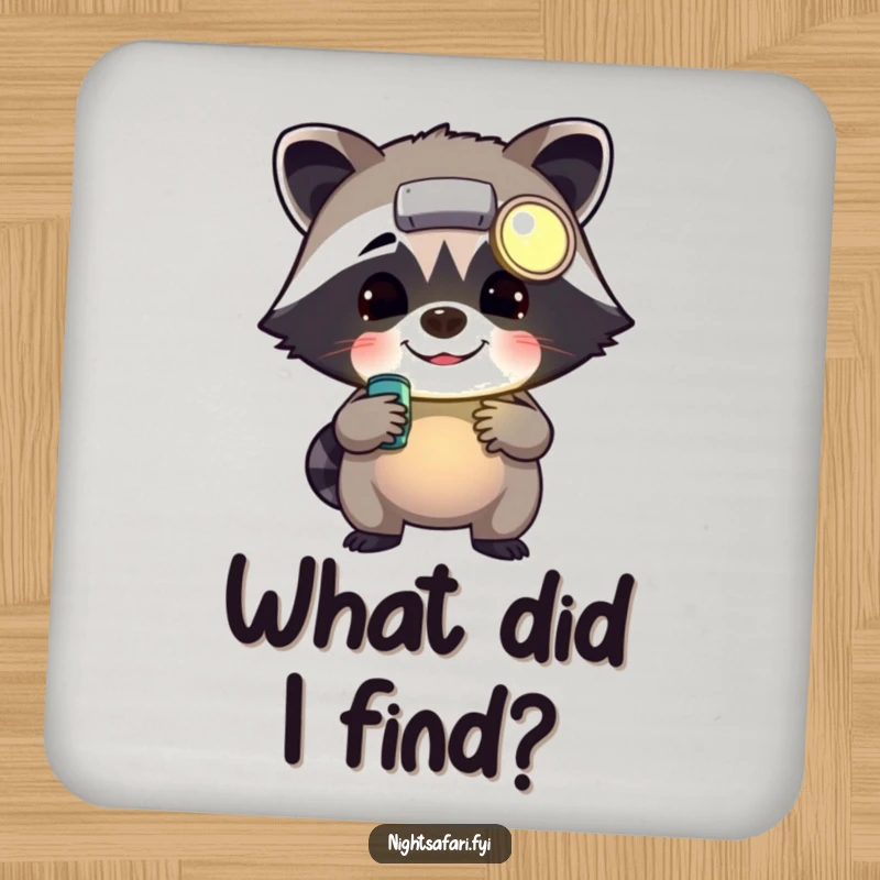 Funny cheerful raccoon wearing a headlamp rummaging, on a protective drink coaster for humorous home decor.