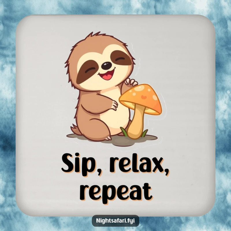 Funny sloth coaster featuring a delighted sloth character slowly reaching for a glowing mushroom.