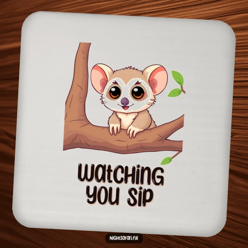 Funny Tarsier Large Eyes Coaster showing a playful tarsier peeking with big eyes, perfect for protecting surfaces humorously.