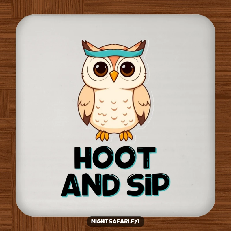 Funny Owl Headband Coaster: A cute owl wearing a headband hoots, protecting surfaces with wise charm, a practical funny gift.