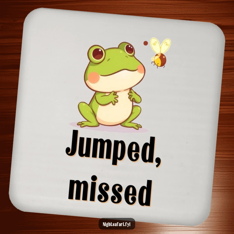 Funny drink coaster illustration of a frog comically startled by a fast firefly, designed to protect surfaces with a touch of humor.