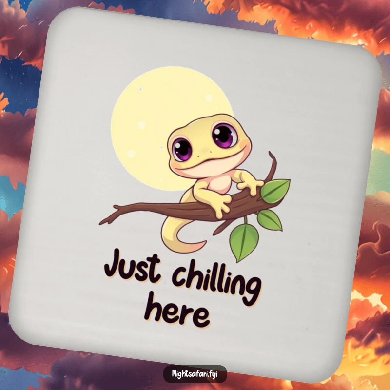 Funny drink coasters featuring a cute gecko with big eyes, clinging to a moonlit branch, guarding your table.