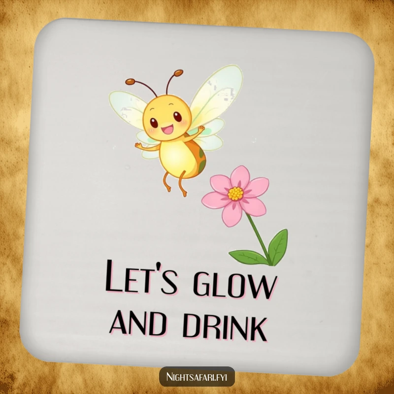 Funny Firefly Glow Coaster showing a delighted firefly dancing with a glowing body, perfect for protecting surfaces humorously.