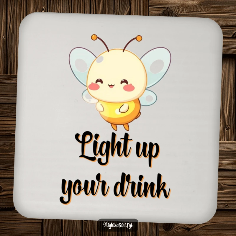 Funny firefly coaster featuring a cheerful firefly character emitting a soft, warm glow.