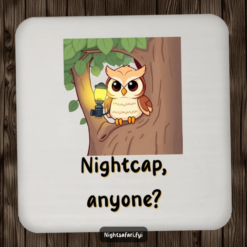 Funny owl with a headlamp on this coaster, adding curious charm and protecting surfaces with nocturnal flair.
