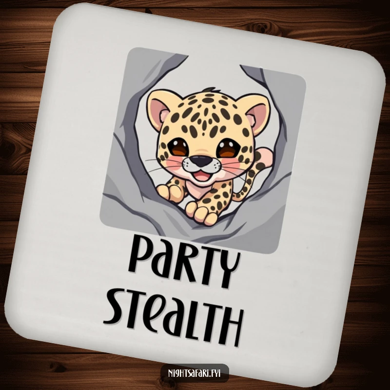 Funny coaster featuring a smiling leopard character stealthily stalking through shadows, designed for drink protection.