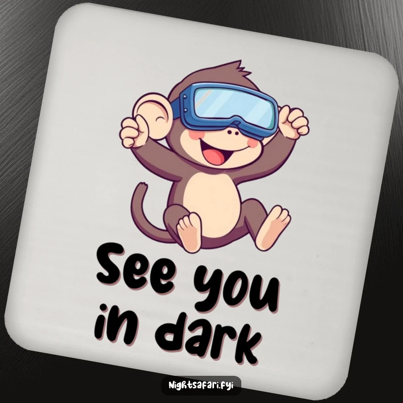 Funny Monkey Drink Coasters featuring a playful monkey in night vision goggles swinging, adding a touch of mischief while protecting surfaces.