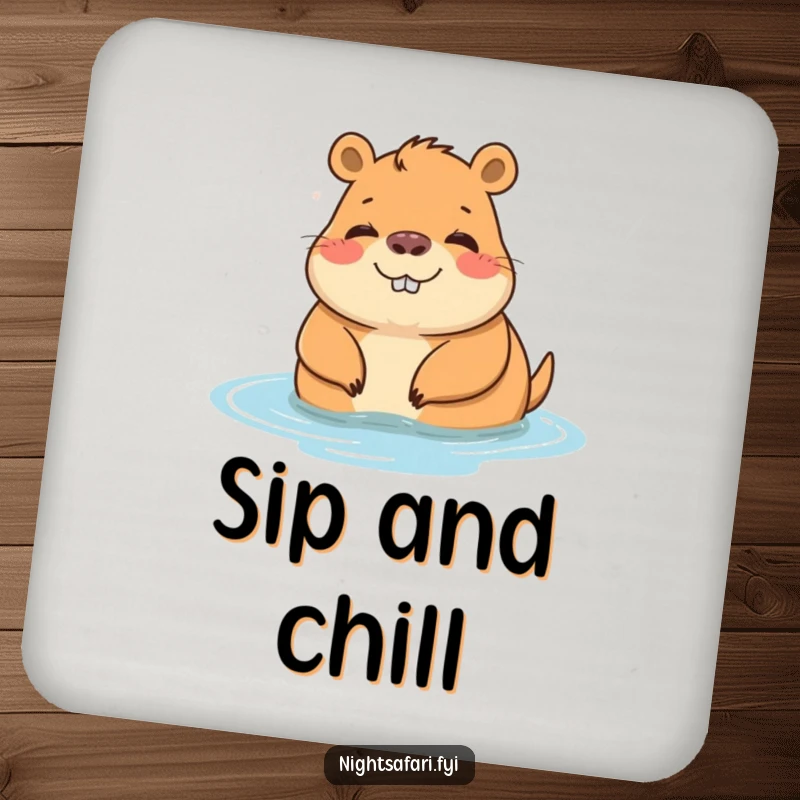 Funny coasters featuring a cheerful capybara character relaxing by water, offering protection with a calm vibe.