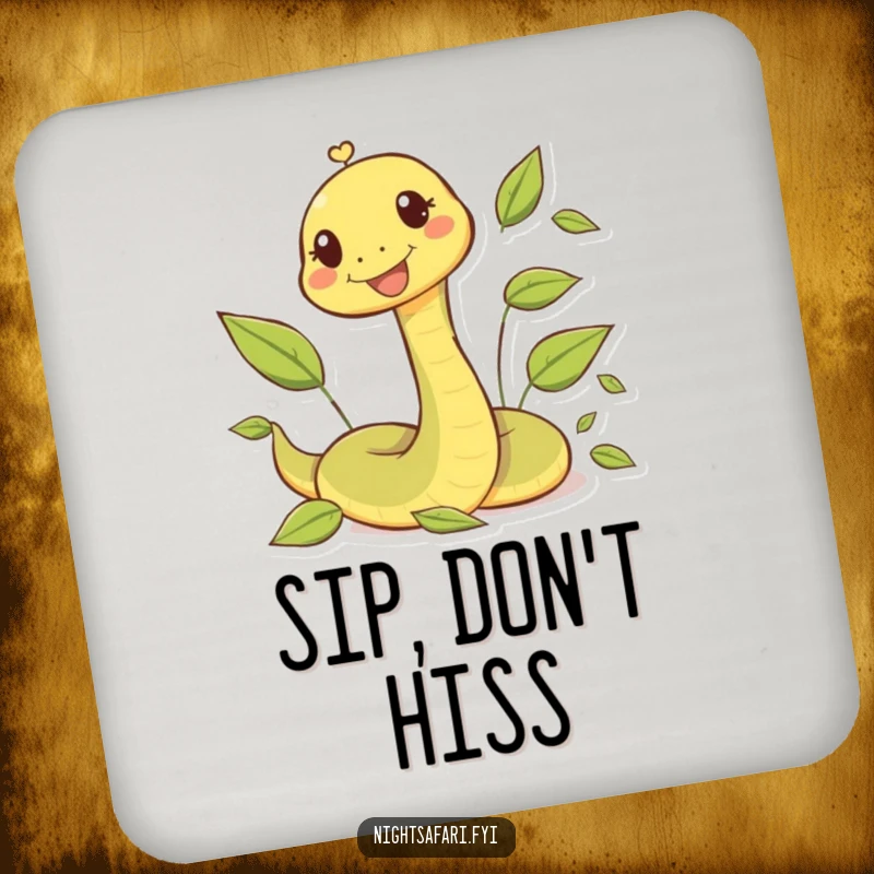 Funny coasters featuring a happy snake character playfully slithering through a bed of autumn leaves.