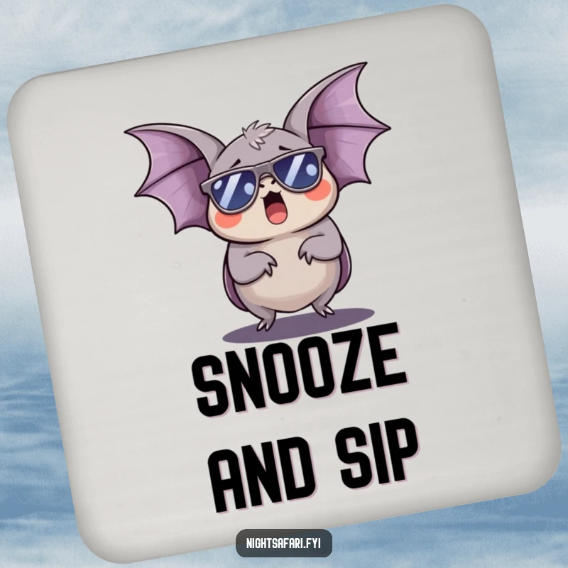 Funny Bat Coaster: A sleepy bat with sunglasses yawns, a humorous and cool coaster for any surface.