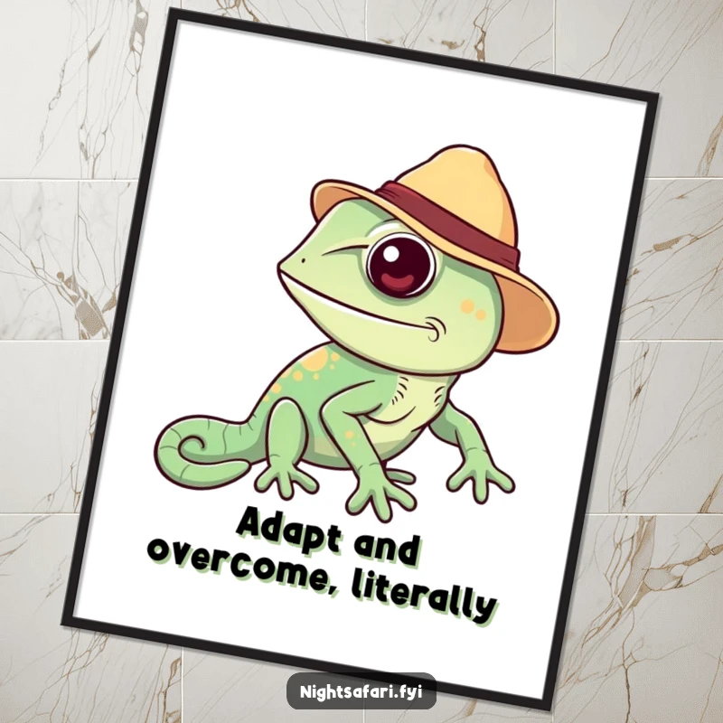 Funny Chameleon Poster: A cheerful chameleon wearing a safari hat, changing colors, a vibrant and humorous art print.