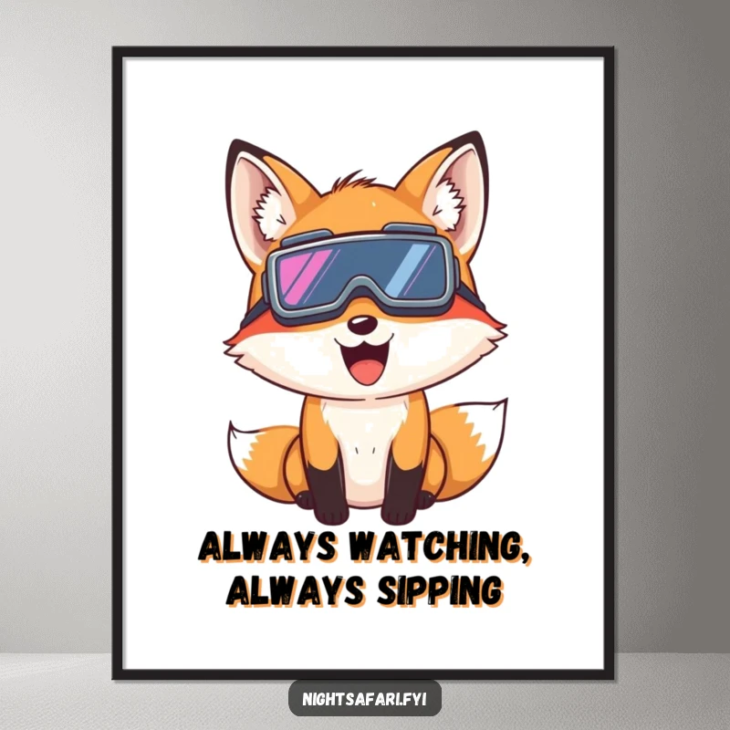 Funny Fox Night Vision Poster: A giggling fox wearing night vision goggles peeks, bringing playful mystery to walls, a delightful funny gift.
