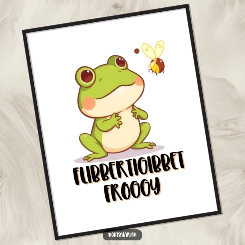 Funny poster print showing a frog comically startled, mid-jump, as a bright firefly zooms past, creating a humorous wildlife scene.