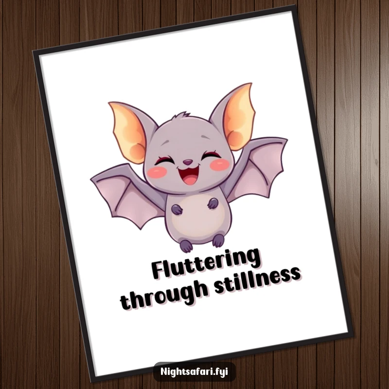 Funny poster art of a delighted bat with tiny glowing wings, doing a joyful flutter, ideal for spooky and whimsical decor.