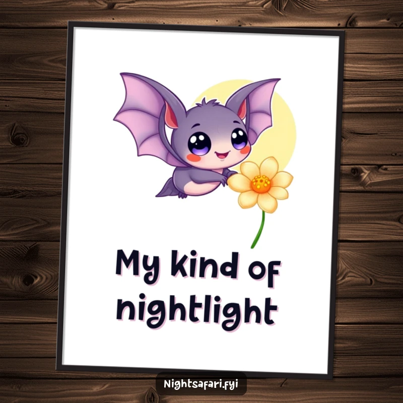Funny poster displaying a charming bat with enormous, happy eyes, fluttering near a brightly glowing flower, creating a magical ambiance.