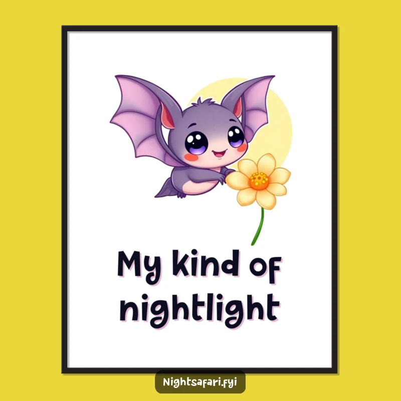 Funny Bat Poster: Large Happy Eyes Fluttering by Glowing Flower, Wall Art