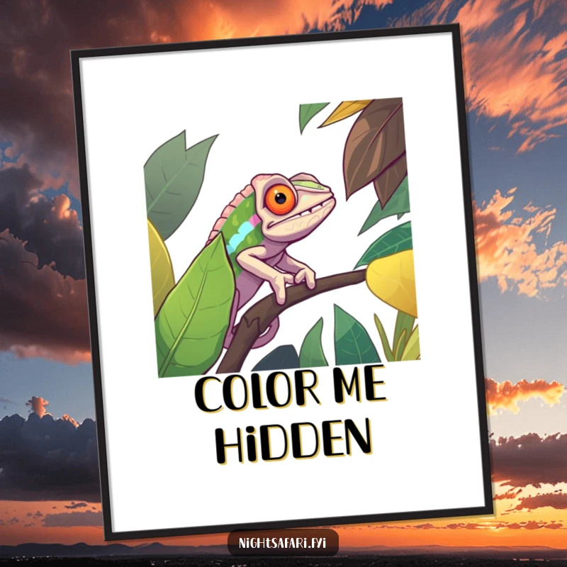 Funny poster print of a determined chameleon, perfectly camouflaged against a vivid jungle leaf, offering a subtle and witty visual statement.