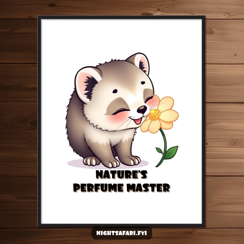 Funny poster art of a happy civet cat joyfully sniffing a glowing flower, bringing natural wonder and delight.