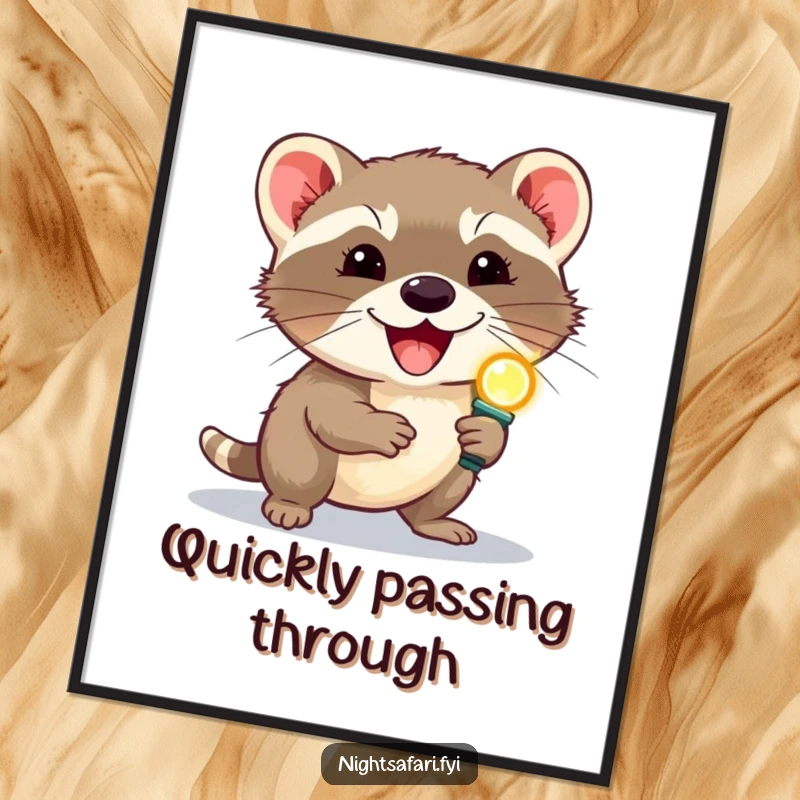 Funny delighted civet wearing a headlamp scurrying, depicted in a humorous poster for charming and unique wall decor.