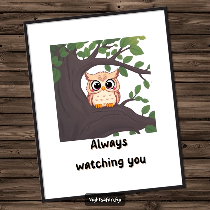 Funny owl poster with wide eyes, curiously peering from a shadowy tree branch, mysterious wall art.