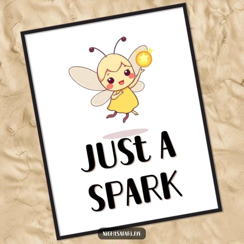 Funny Firefly Poster: Playful firefly character dancing with a glowing orb, magical wall art.