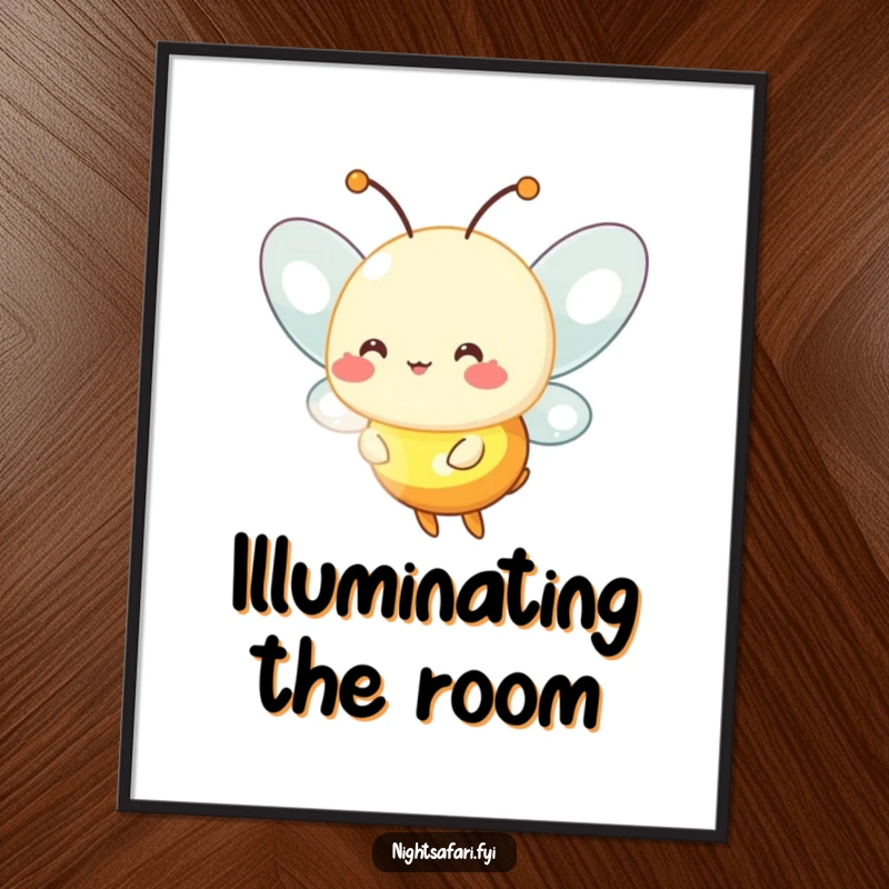 Funny firefly poster depicting a cheerful firefly character emitting a soft, warm, inviting glow.
