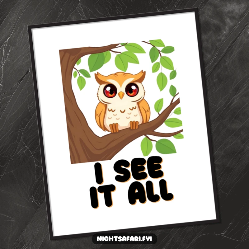 Funny poster art of a happy owl with wide, curious eyes peering from a tree branch, great for whimsical decor.