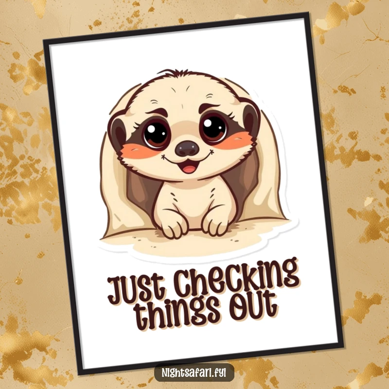 Funny Meerkat Poster showcasing a cheerful meerkat with wide, expressive eyes emerging from a burrow, creating a lively and amusing focal point.