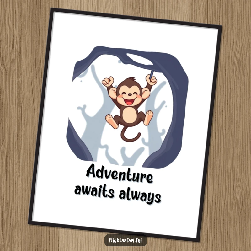 Funny monkey poster with a jubilant monkey character swinging playfully through a dark background.