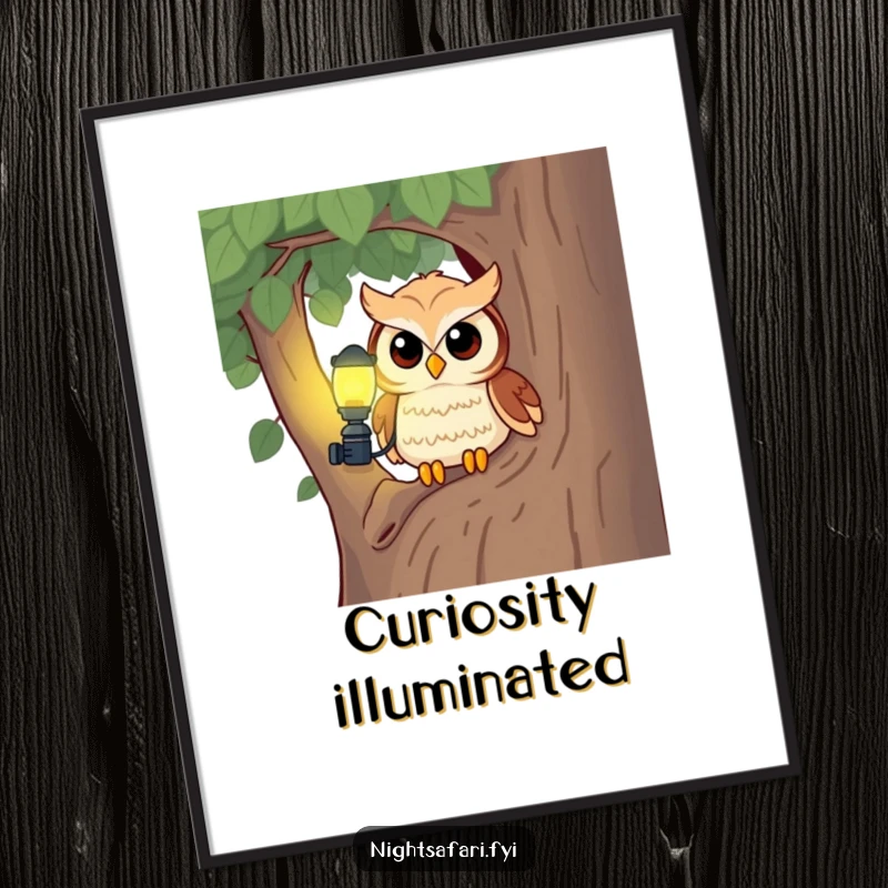 Funny owl art with a headlamp peeking from a tree, offering curious and whimsical decor.
