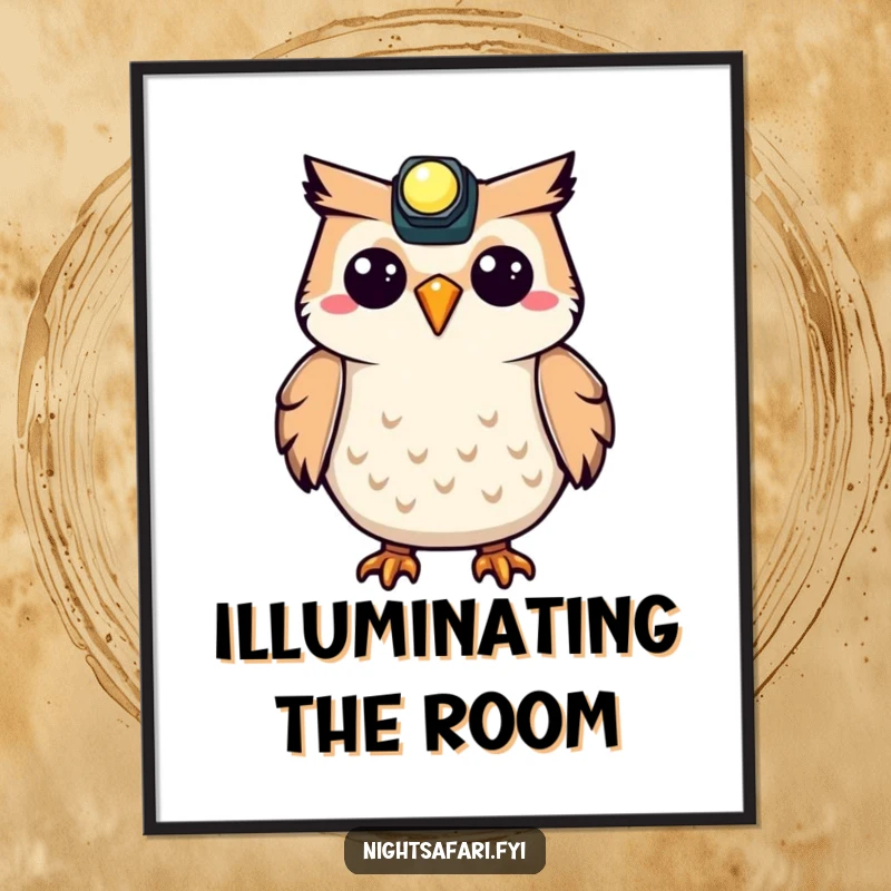Funny Owl Headlamp Poster featuring a delightful, hooting owl with a glowing headlamp, ideal for whimsical wall art.