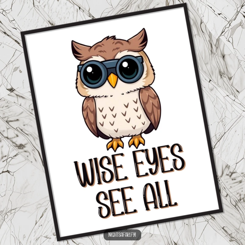 Funny Owl Binoculars Poster: An illustration of an owl with tiny binoculars peering into the dark, perfect for funny gift decor.