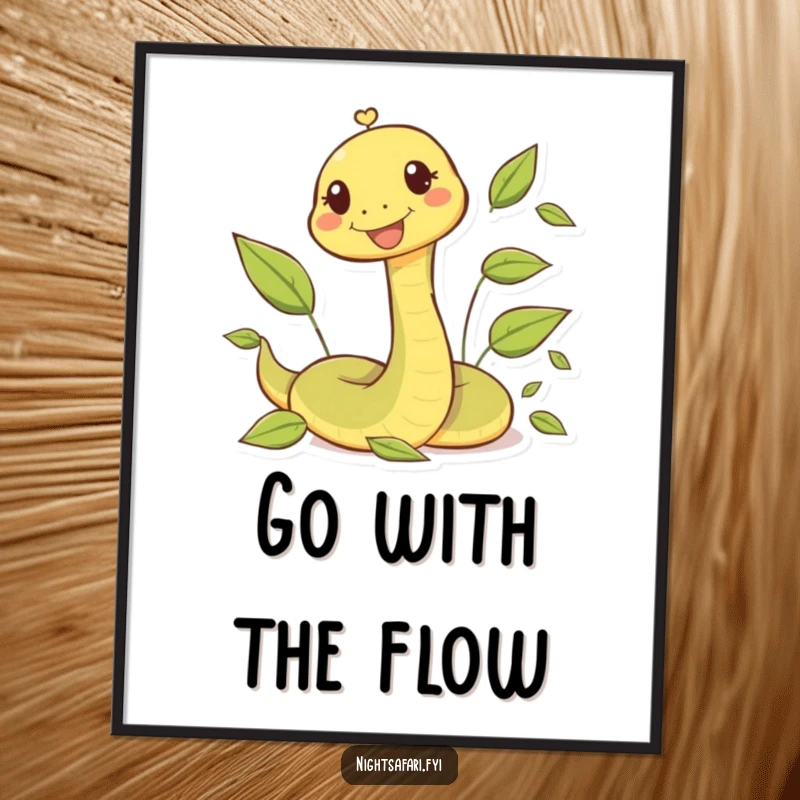 Funny poster art of a happy snake character playfully winding through a vibrant carpet of autumn leaves.