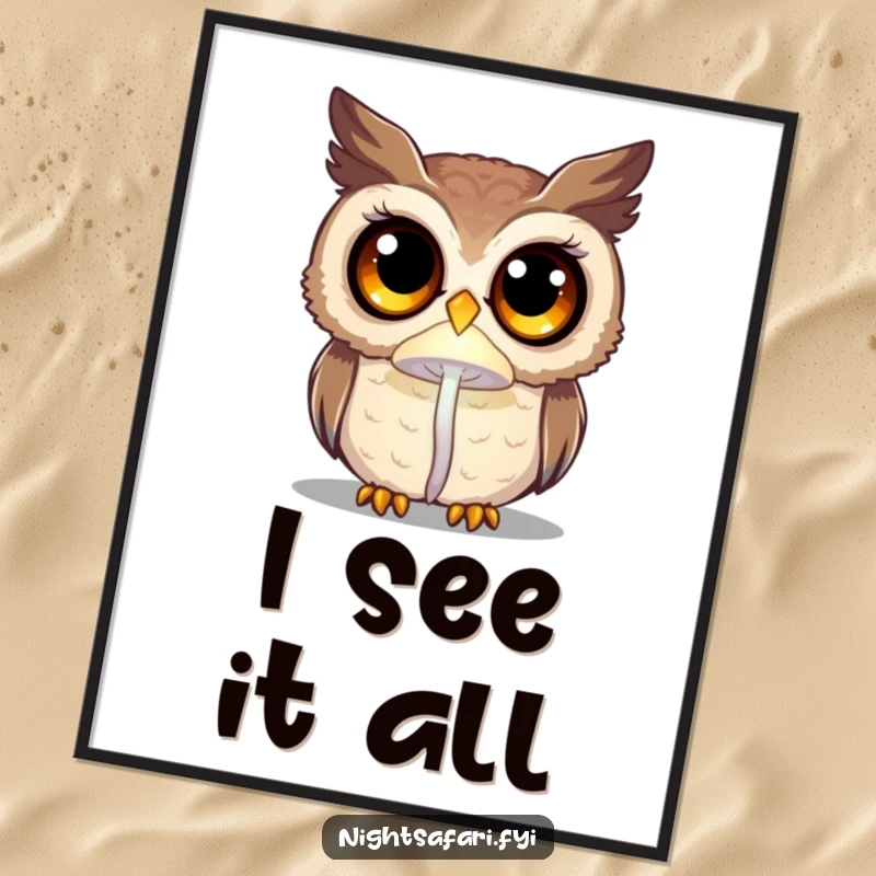 Funny curious owl with oversized eyes illuminated by a faint glowing mushroom, magical wall art poster.