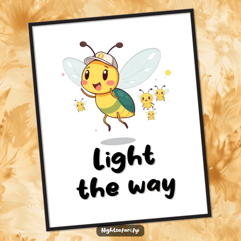 Funny Firefly Poster: An excited firefly leads a parade, a humorous and glowing piece of wall art.
