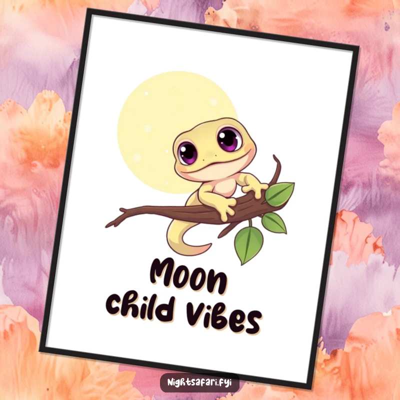 Funny poster of a cute gecko with big eyes, clinging to a moonlit branch, conveying peaceful charm.