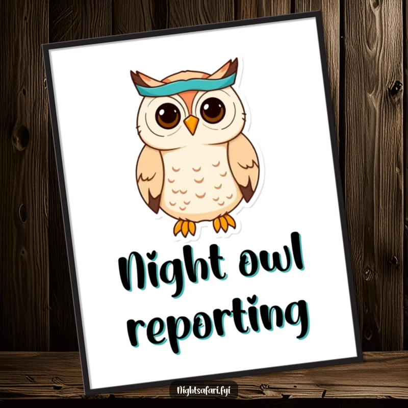 Funny Owl Headband Poster: A cute owl wearing a headband hoots, bringing wise charm and decor, a delightful funny gift.