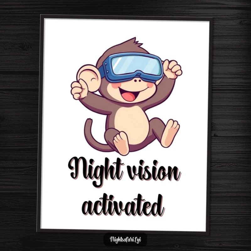 Funny Monkey Poster showing a playful monkey wearing night vision goggles while swinging, creating a vibrant and humorous piece of wall art.