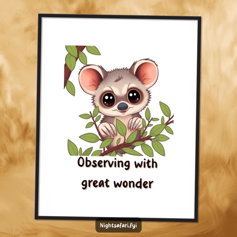 Funny Bushbaby Poster: A curious bushbaby with big eyes peering from foliage, an enchanting and humorous wall decoration.