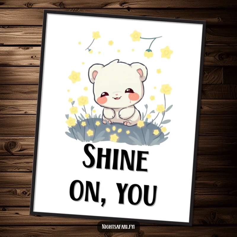 Funny poster art of a giggling shy creature hiding amongst glowing fireflies, creating a magical and whimsical atmosphere.