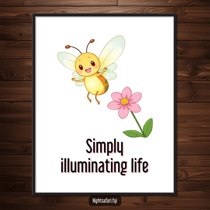 Funny Firefly Glow Poster featuring a delighted firefly dancing near a flower with a glowing body, whimsical wall art.