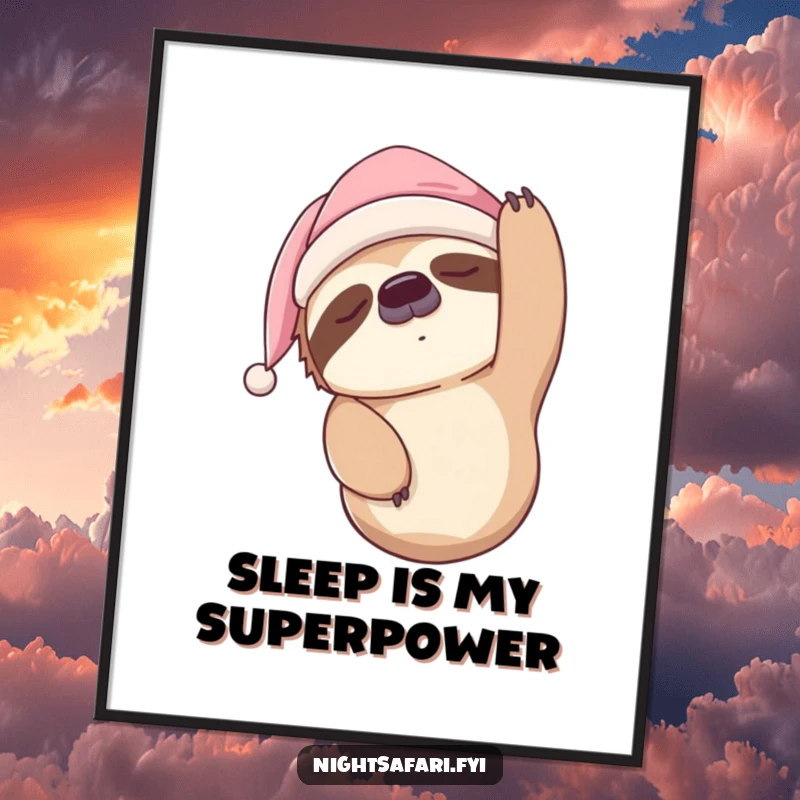 Funny Sloth Nightcap Poster depicting a sleepy sloth hanging upside down, adding humorous and relaxed vibes to any room.
