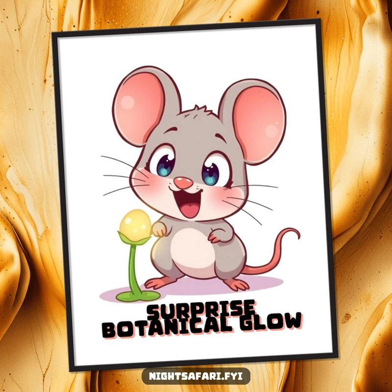 Funny Poster: A highly astonished mouse with wide eyes gazing at a vibrant, glowing plant, capturing a humorous moment.